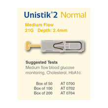 Load image into Gallery viewer, Lancet Unistik® 2 Normal Flow Lancet Needle 2.4 mm Depth 21 Gauge Push Button Activated