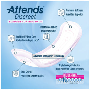  Bladder Control Pad Attends® Discreet 10-1/2 Inch Length Moderate Absorbency Polymer Core One Size Fits Most Adult Female Disposable 