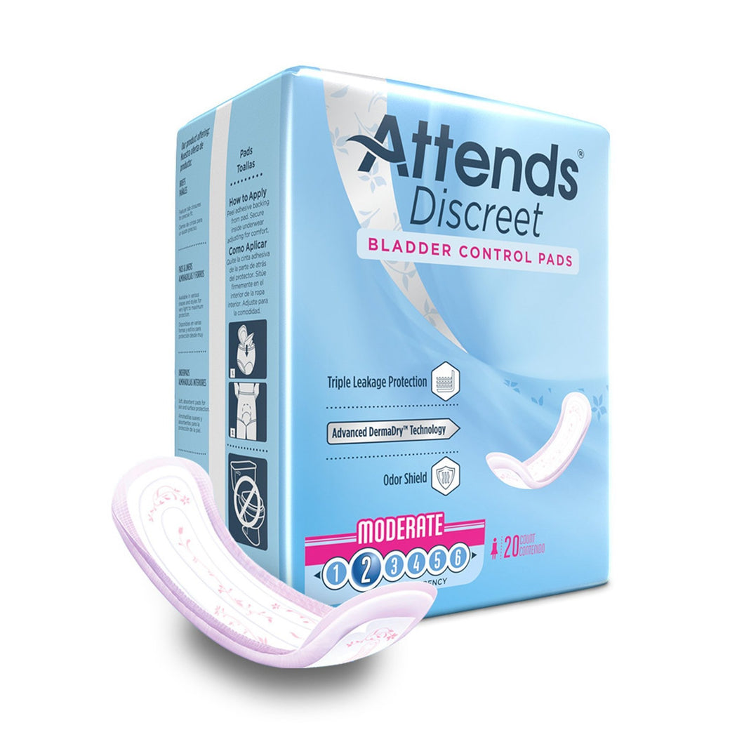  Bladder Control Pad Attends® Discreet 10-1/2 Inch Length Moderate Absorbency Polymer Core One Size Fits Most Adult Female Disposable 