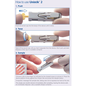 Lancet Unistik® 2 Normal Flow Lancet Needle 2.4 mm Depth 21 Gauge Push Button Activated