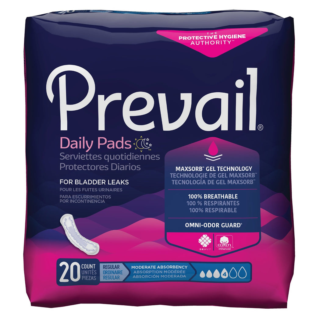  Bladder Control Pad Prevail® Daily Pads 9-1/4 Inch Length Moderate Absorbency Polymer Core One Size Fits Most Adult Female Disposable 