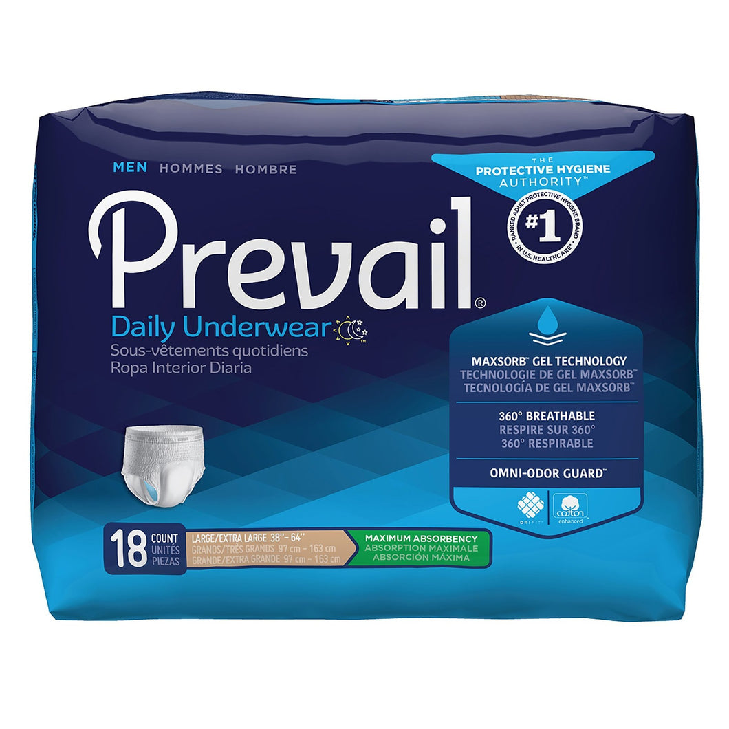  Male Adult Absorbent Underwear Prevail® Men's Daily Underwear Pull On with Tear Away Seams Large / X-Large Disposable Heavy Absorbency 