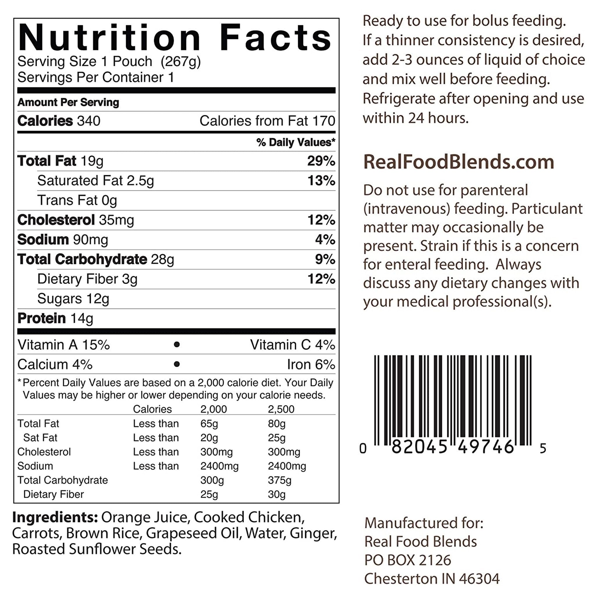 Real Food Blends Tube Feeding Formula 9.4 oz. Pouch Ready to Use Orange Chicken / Carrots / Brown Rice Adult / Child, 49746 - Case of 12