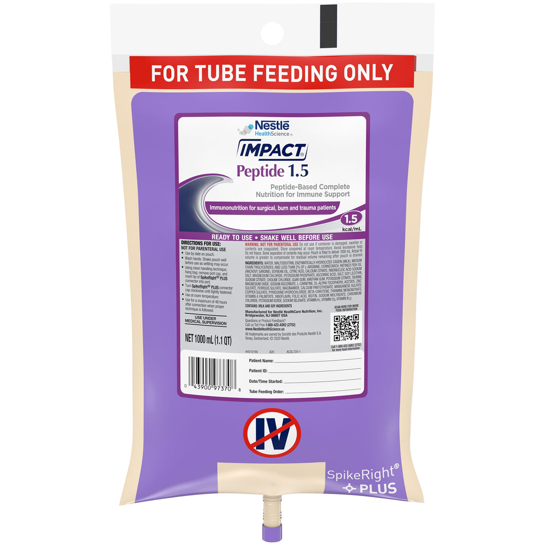  Tube Feeding Formula Impact® Peptide 1.5 33.8 oz. Bag Ready to Hang Unflavored Adult 