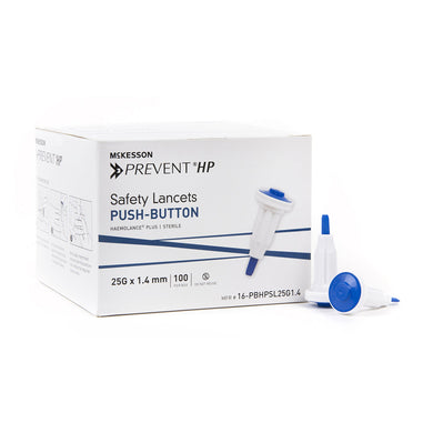 Lancet McKesson Prevent® Fixed Depth Lancet Needle 1.4 mm Depth 25 Gauge Push Button Activated