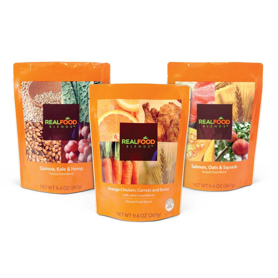  Tube Feeding Formula Real Food Blends™ 9.4 oz. Pouch Ready to Use Variety Pack Chicken / Salmon / Quinoa Adult / Child 