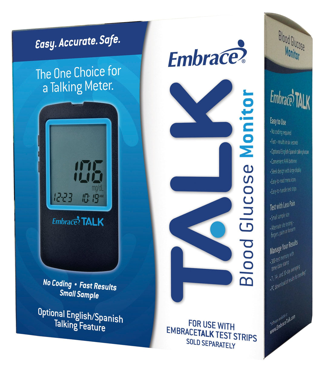 Blood Glucose Meter Embrace® 6 Second Results Stores Up To 300 Results with Date and Time No Coding Required